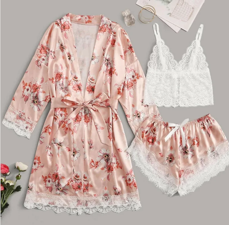 

SFY1136 Wholesale women nightwear night robe sexy lingerie satin three pieces pajamas set