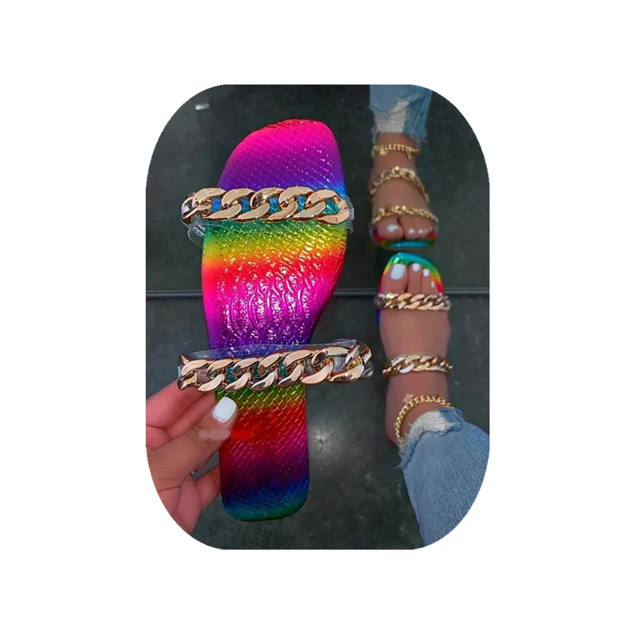 

Wholesale Cheap 2021 Hot sale Summer Fashion Colourful Chain slipper PU rainbow Slip On Flat Casual ladis sandal women, As picture
