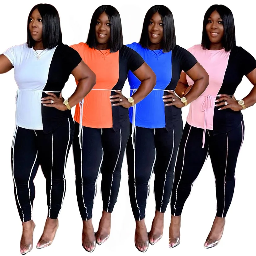 

MT85-6523 Wholesale women's fashion solid color Mosaic casual sports short two-piece set women clothing