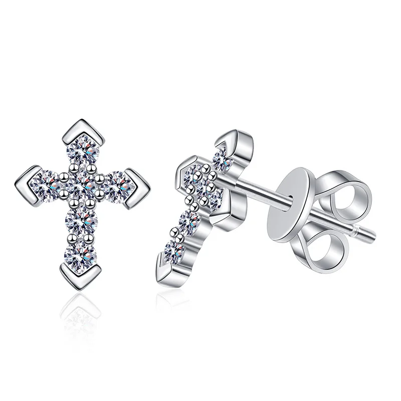 Wholesale Cross Design Iced Out Grade D Moissanite Earrings 925 Sterling Silver  0.36ct Moissanite Stud Earrings