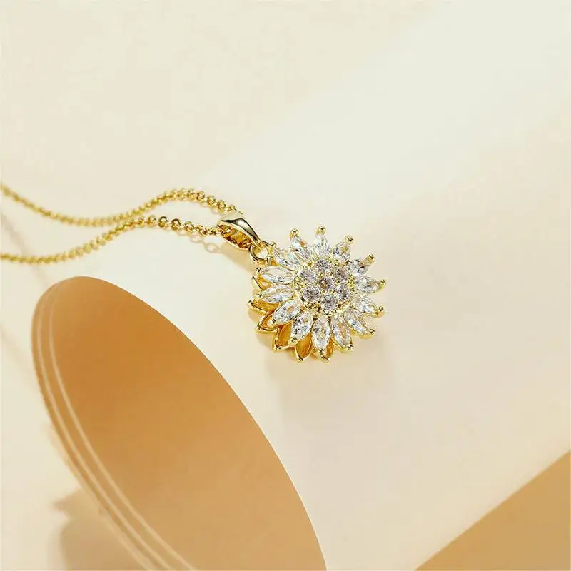 

Wholesale Fashion Jewelry 18K Gold Plated Zircon Sunflower Anxiety Rotating Windmill Spinning Flower Pendant Necklace For Women