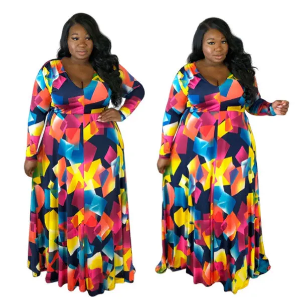 

Hot Selling Dress Lady Plus Size Colorful Printed Long Sleeve Sexy V Neck Wrap Dress African Clothing Plus Size Dresses Summer, Blue or custom african clothing women