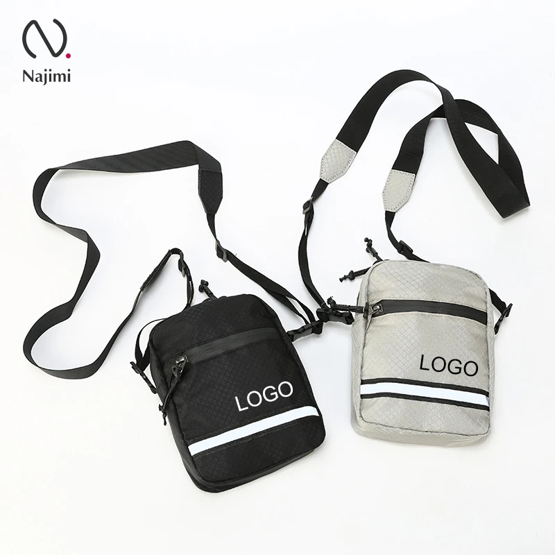 

Custom logo reflective stripe casual utility travel mini sling pouch chest bags single shoulder messenger bags for man woman