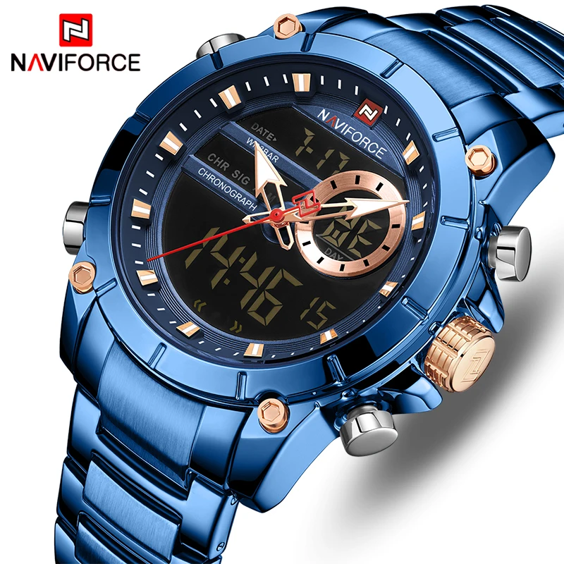 

NAVIFORCE NF9163 Luxury Big Gold Watch Men Charm Stainless Steel Watch Straps Dual Display Quartz Digital Watches For Men