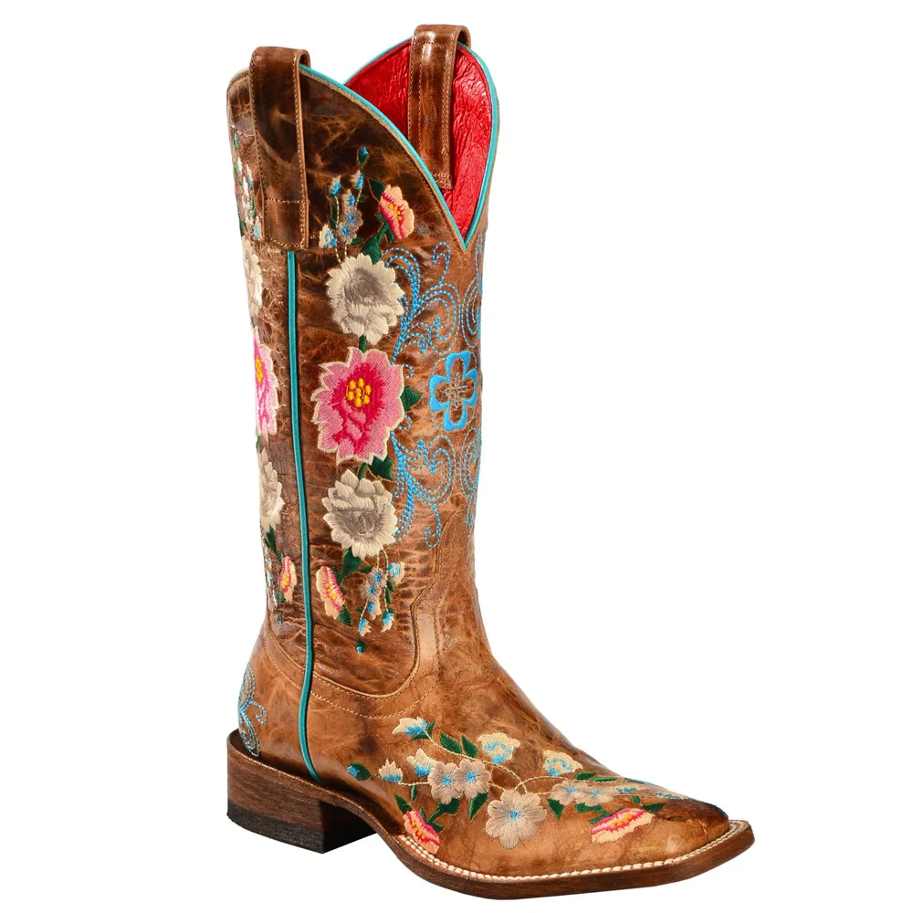 

Women`s Handmade Embroidery Rose Garden Cowgirl Boots Square Toe