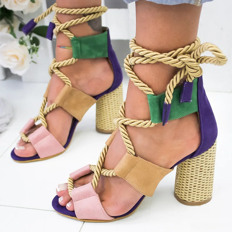 

2021 Women's Sandals Lace Up Woman Heels Sandals Pointed Fish Mouth Gladiator Sandals Woman Pumps Hemp Rope High Heels, As picture