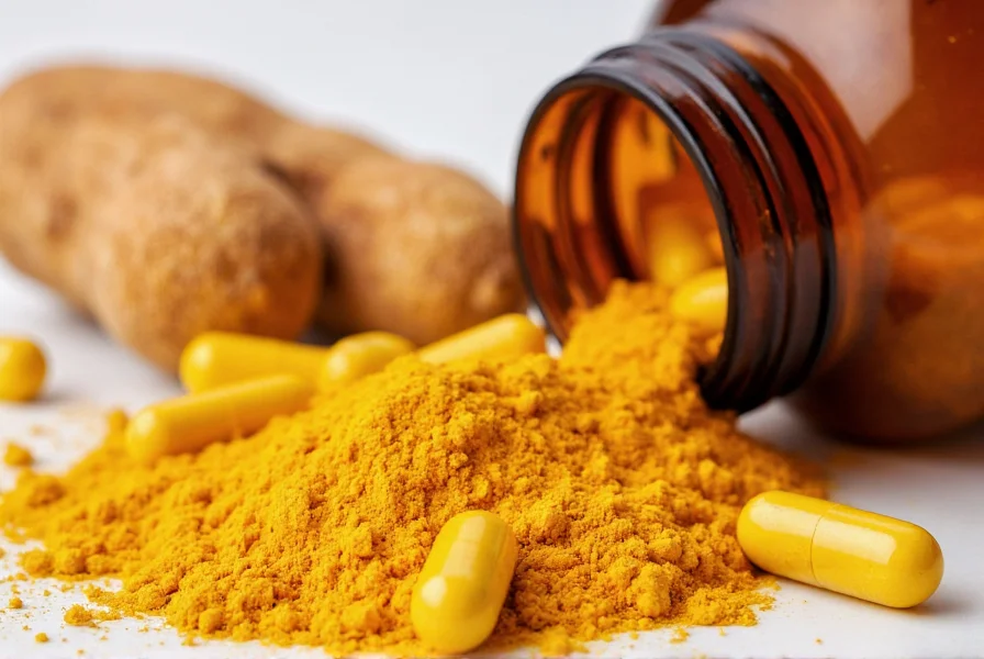 Close-up of turmeric powder and capsules showing vibrant yellow color and supplement bottle