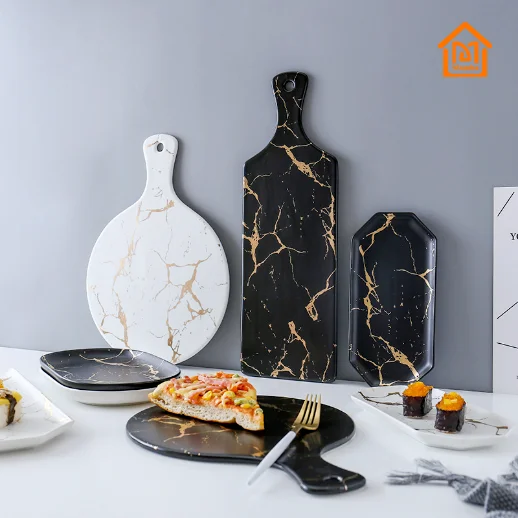 

Marbled matte gold black and white ceramic tableware plate cold dish plate Western steak pizza plate, White, green