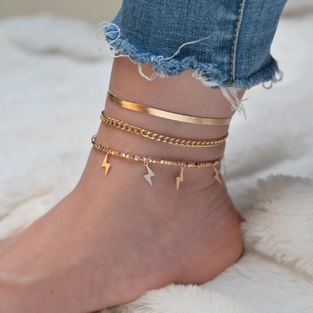 

Amazon Hot Sellings Gold Multilayer Chain Foot Snake Chain Bracelet Anklet on Leg Beach Jewelry Three Layer Lightning Anklet, As picture show