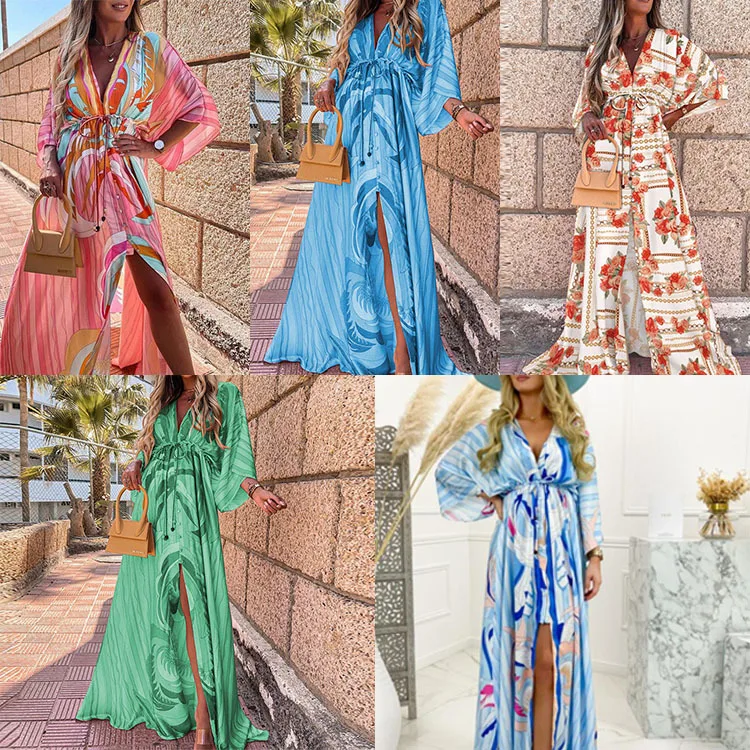 

2021 Autumn New Sexy V-neck women beach print dress