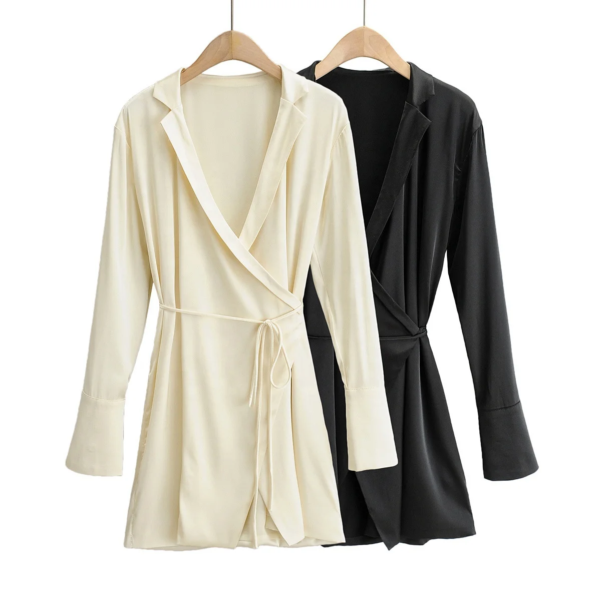 

B64121A Korean version light ripe sexy suit collar long sleeve shirt dress, Rice/black