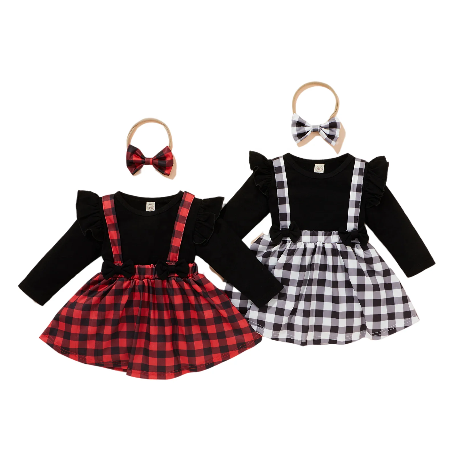 

2021 new arrivals kids suspender skirt 2 pcs outfits set bow headband girls' clothes plaid children's boutique Christmas clothes