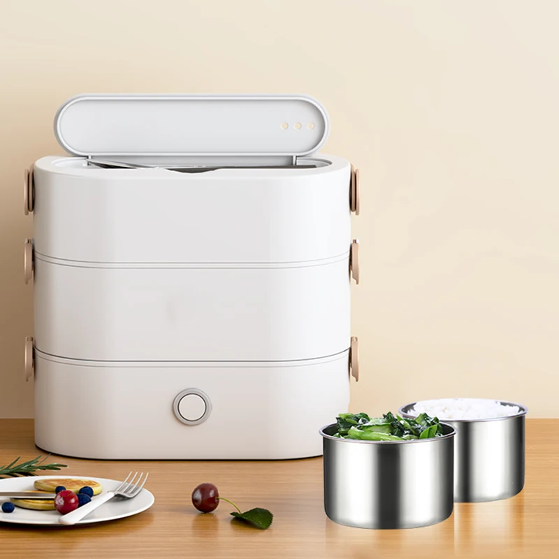 

Home Car Use Hot,Electric Heating Food Container School Kids Stainless Steel Office Electrical Tiffin Lunch Box, White brown