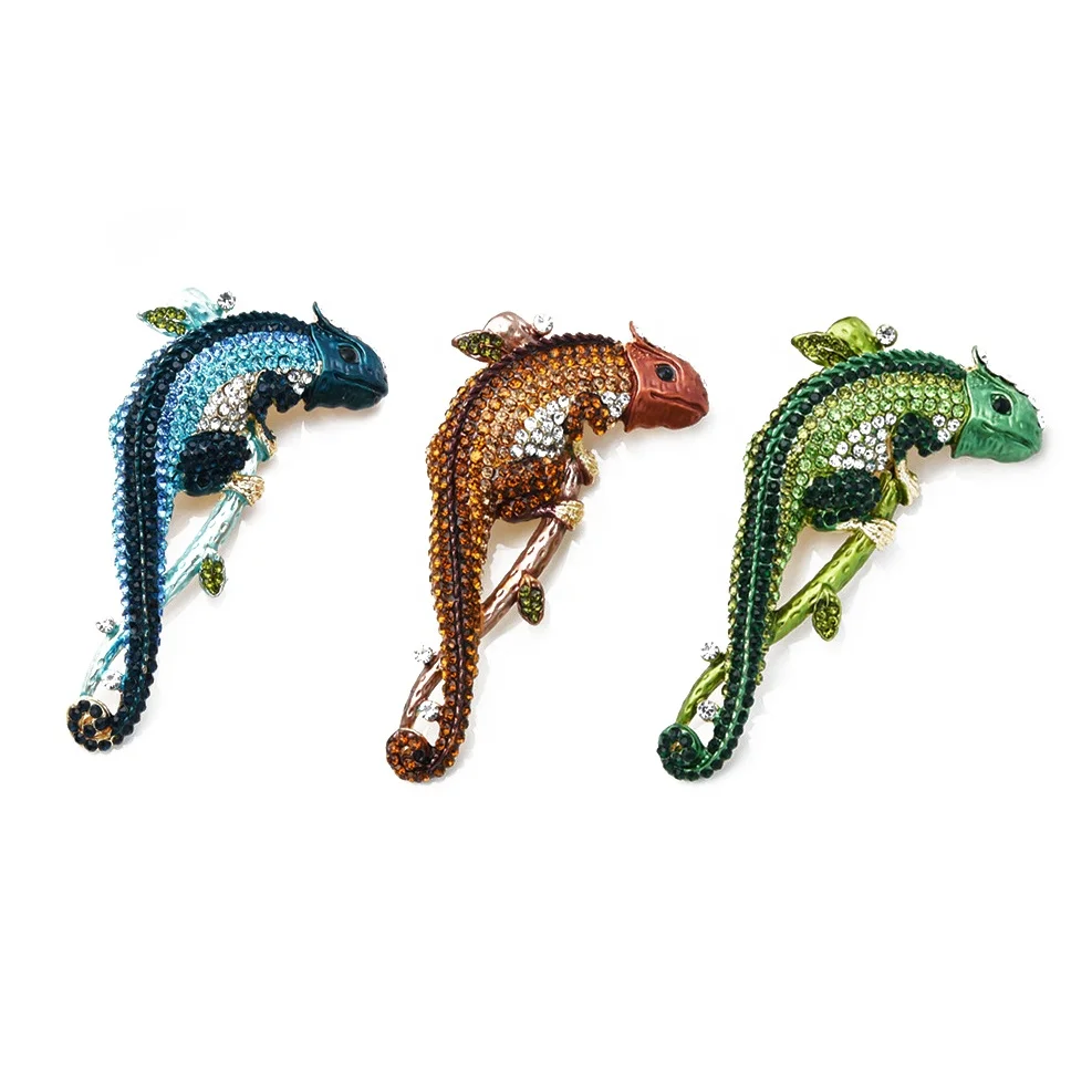 

49mm Colorful Animal Brooches Personalized Lizard Shaped Rhinestone Chameleon Gecko Brooch Pins for Men Clothes Decoration
