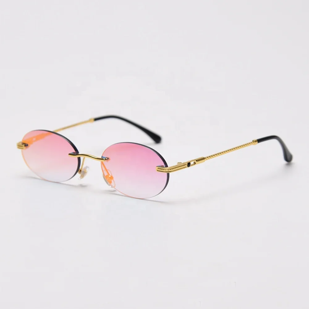 

2020 newest fashion ladies oval round shades black pink glass frameless luxury rimless sunglasses women