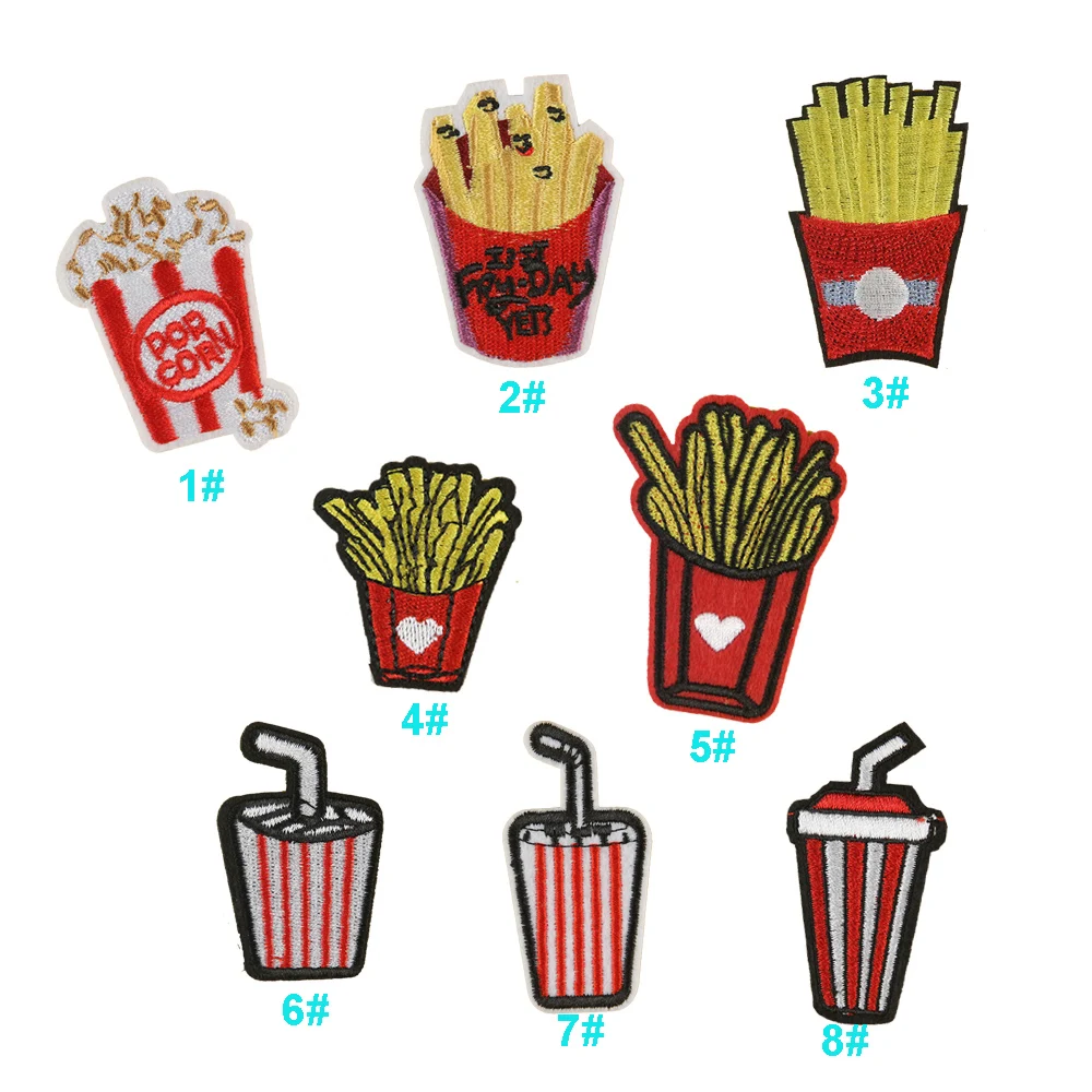 

yiwu wintop new arrival french fries coke design iron on embroidery food patches for kids clothing