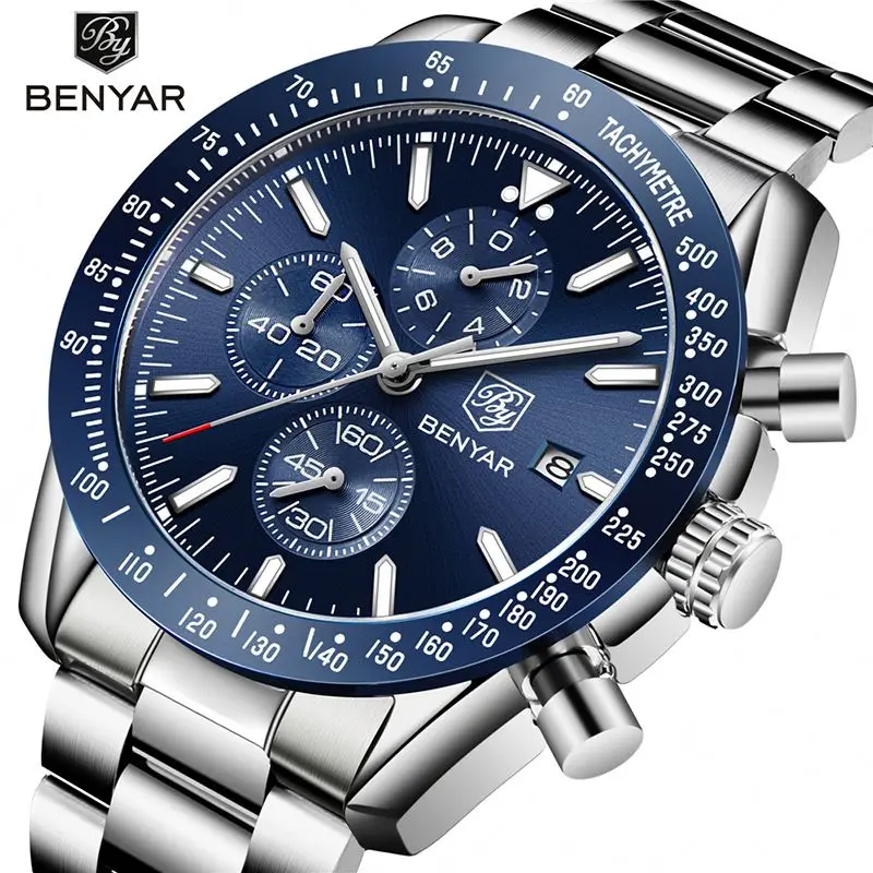 

benyar watch BY-5140M luxury blue men quartz watch best power Stainless steel band 3 dials Chrono big business watch kit