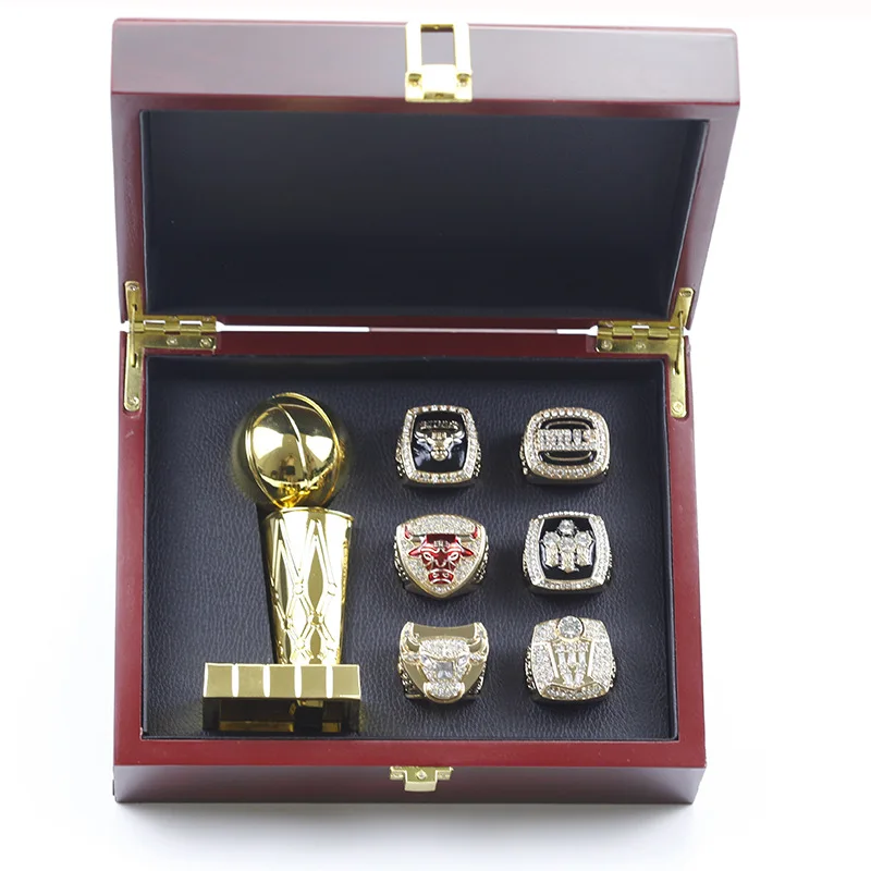 

Custom Rings Mens Chicago Bull Basketball Championship Rings With Trophy Wooden Display Box Set, Gold