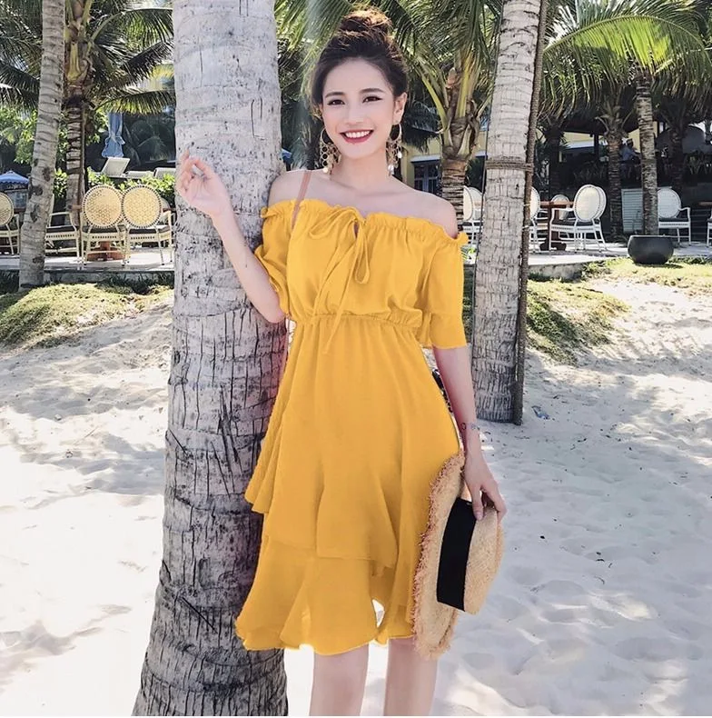 

French Victoria retro Beach Dress summer yellow Chiffon seaside holiday off shoulder dress