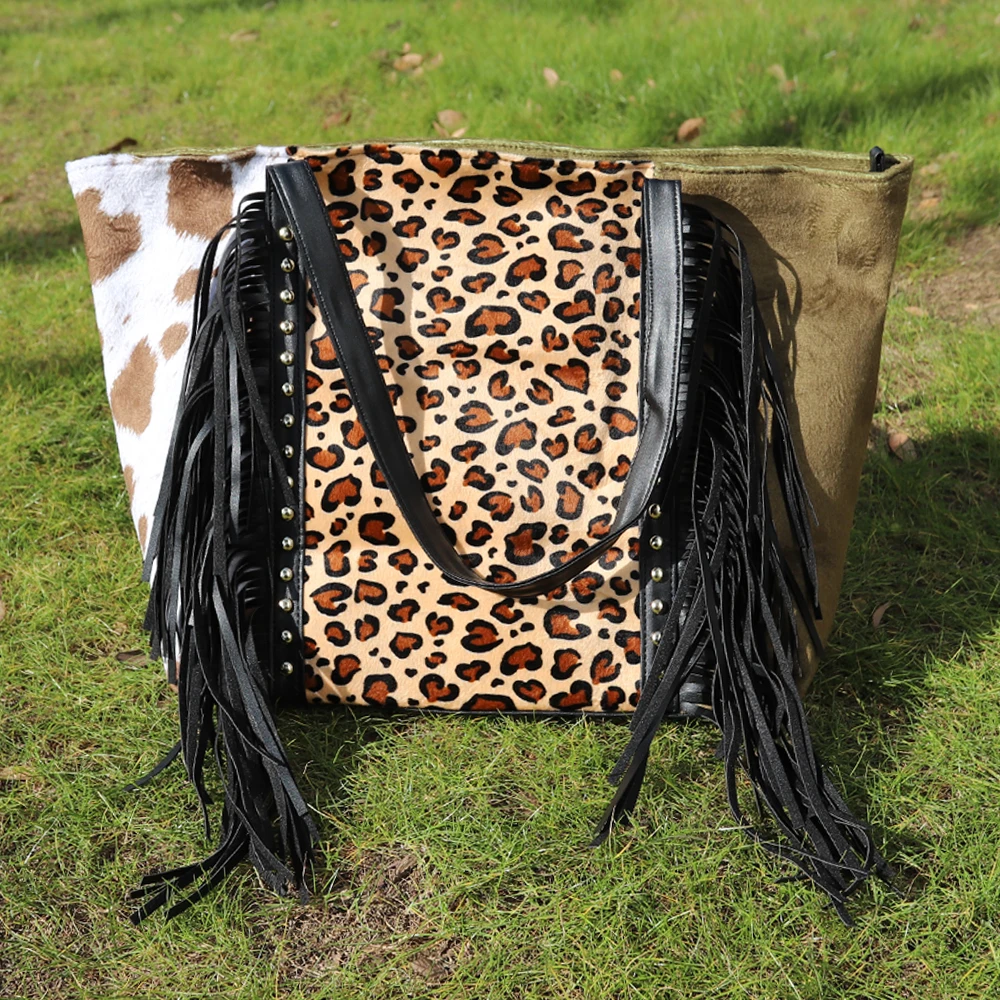 

Drop Shipping Leopard cowhide colored fringe tassel leather female tote purse with rivet decoration for women, Sunflower,leopard,cowhide etc.or as request.