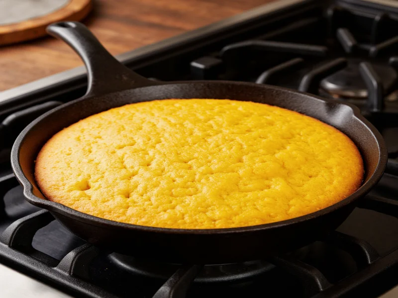 Cast-iron skillet with golden cornbread fresh from oven