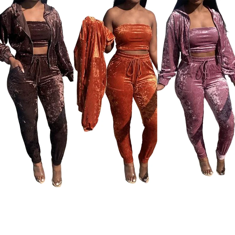 

2021 Wholesale Fall Custom 3 Piece Activewear Jogger Pants Set Velour Sweatsuit Jogging Set For Women Zipper Hoodie 3 Piece Sets, 3 color