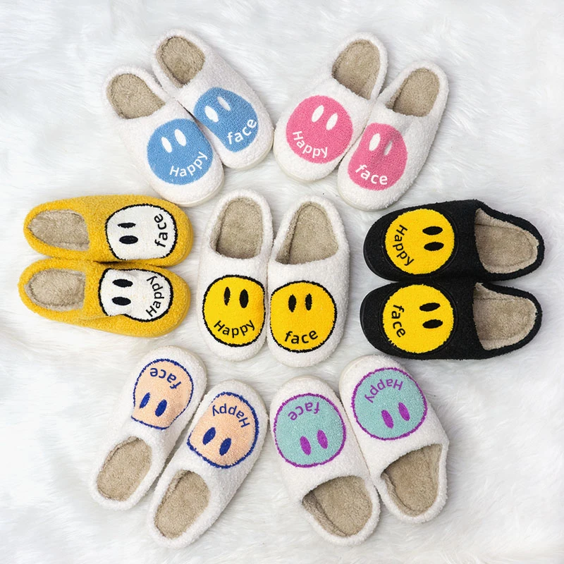 

Wholesale womens slippers white smile slippers brown fluffy kids ladies winter indoor happy fur slippers with smile face