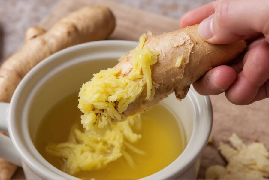 Fresh ginger root being grated into a teapot for sore throat relief