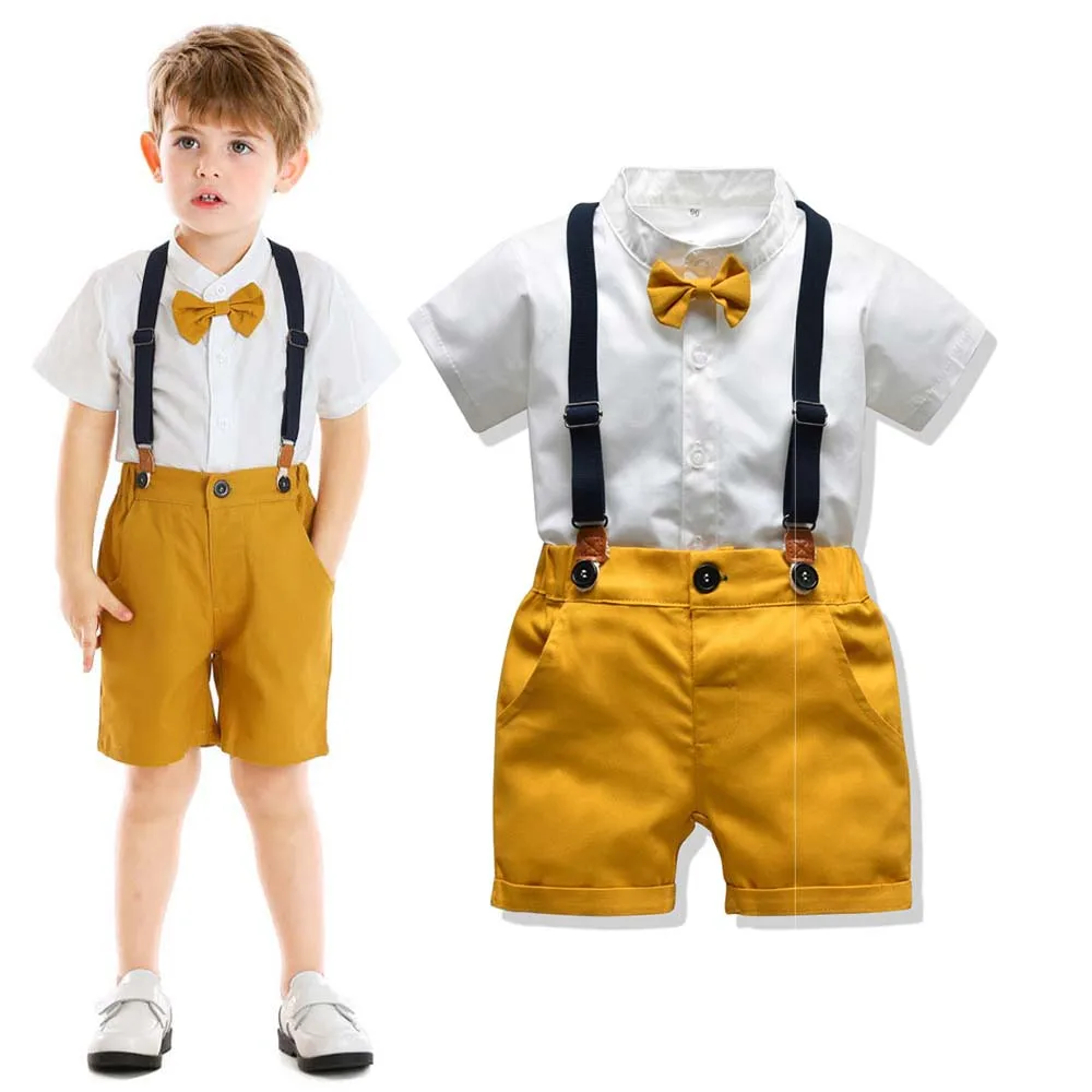 Wedding Formal Short Sleeve White Shirt with Bow Tie Shorts Baby Boy Gentleman Outfit KBLS-016