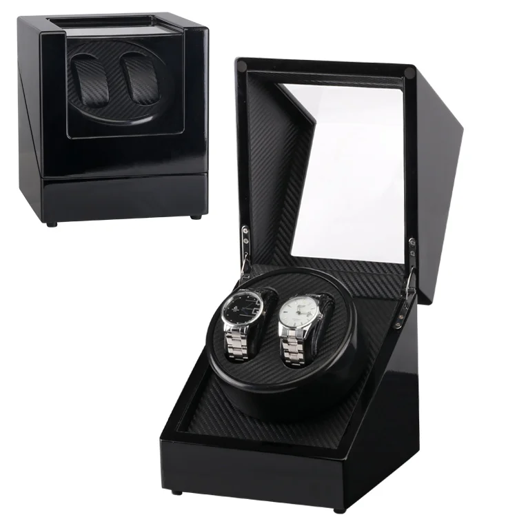 Small Black Rechargeable Automatic Watch Winding Shaker System, Mini Wooden Watch Winder Box for 2 Watches
