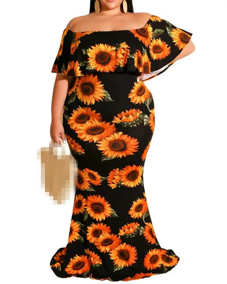 

Women plus size XL 2XL 3XL 4XL 5XL maxi dress big size sunflower printed dresses