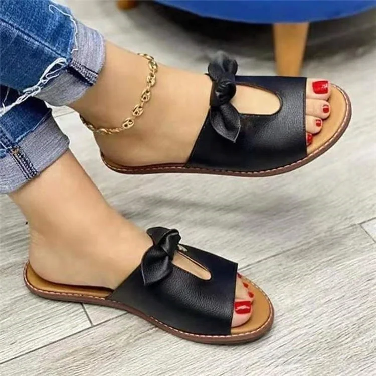 

Comfortable Bow Slippers for Ladies 2021 Flat Leather Sandals Women Casual Outdoor Slides Sandals, 3 colors