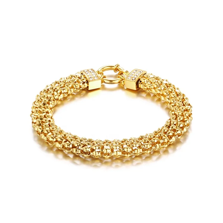 

Luxury Zircon Round Clasp Stainless Steel 14K Gold Plated Hollow Popcorn Chain Bracelet Bangle