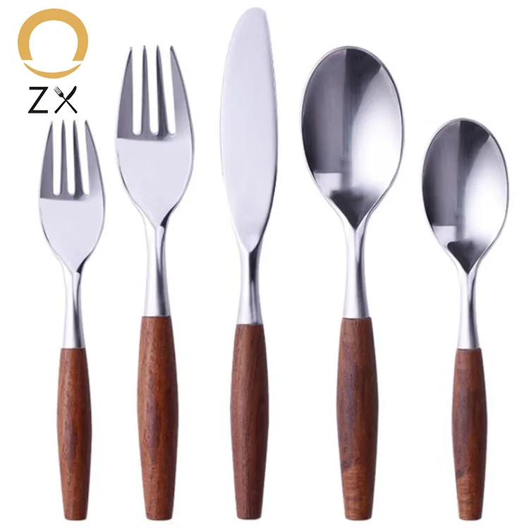 

Vintage Style Kitchen Utensils Custom 304 Stainless Steel Tableware Set Including Knife Fork Spoon Wooden Handle Flatware Set, Natural