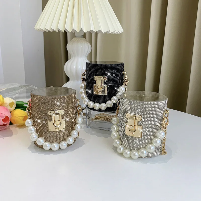 

Customized diamante crystal handbags glitter pearl mini bucket bags, As picture