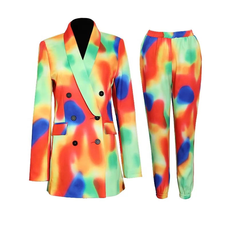 

TWOTWINSTYLE blazer & pants Notched Long Sleeve Blazer Casual Pants Hit Color Two Piece tie dye Set For Women, Tie dye color