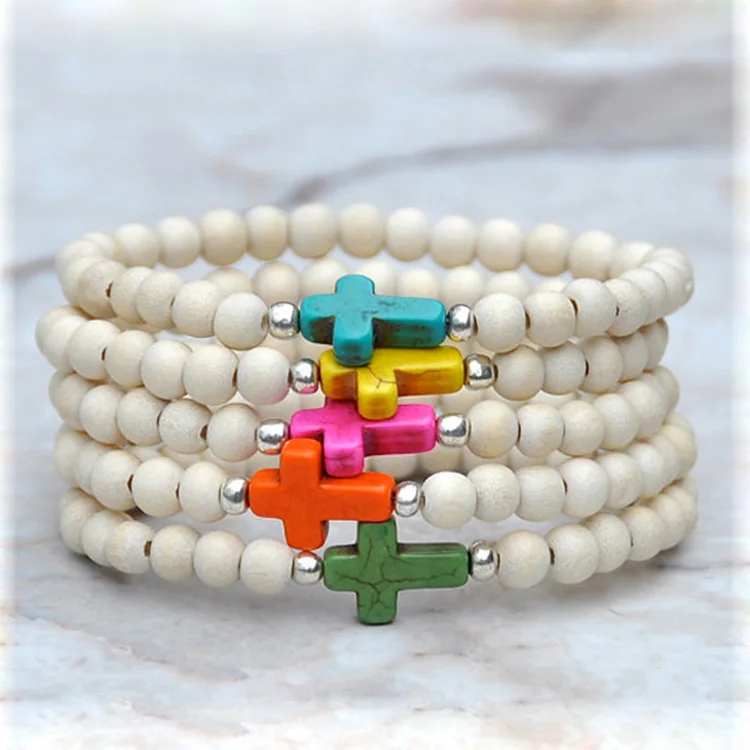

BRC2070 Wholesale cheap price wooden beads turquoise cross bracelet
