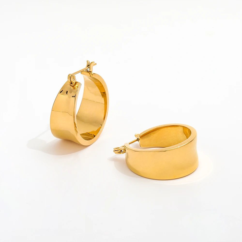 JOOLIM  Jewelry Trendy Earring 18K Gold Plated Chunky Smooth Shiny Band Hoop Earrings Stainless Steel Earrings Wholesale