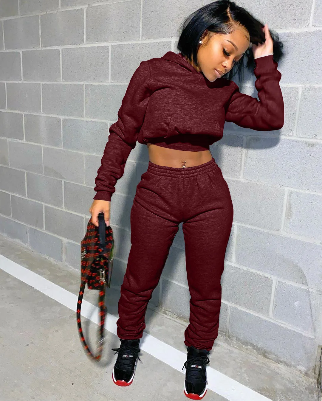 

2021 Fall Winter Outfits Solid Hoodie Sweatshirts Long Sleeve Crop Top And Joggers Tracksuit Custom Two Piece Sweat Pants Sets, Gray,black,dark gray,coffee