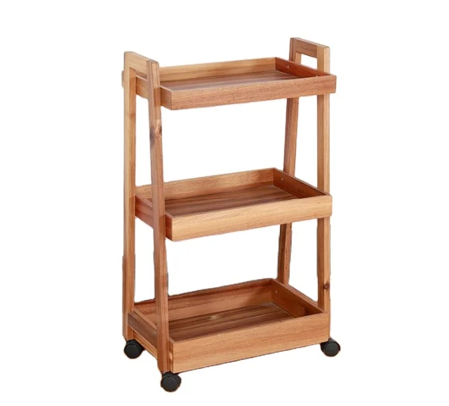 

3-Tier Kitchen Bamboo wooden Trolley Storage Rolling Cart with Wheels, Handles and Non-Slip Baffle, Natural bamboo color