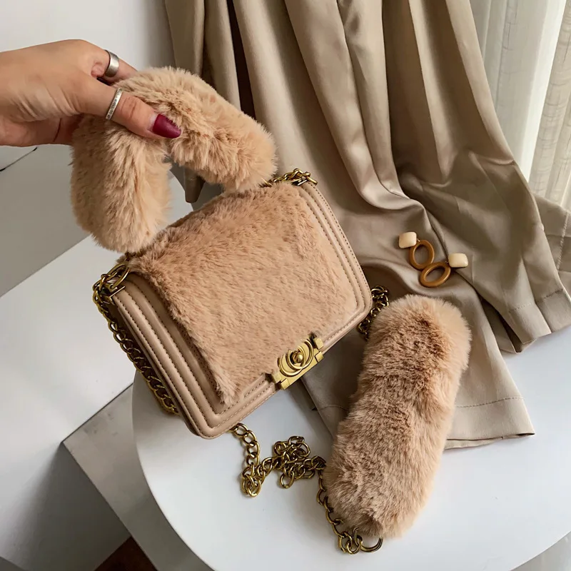 

2021 latest winter purses and handbags luxury faux fur bags for women, Khaki/black/whtie/pink