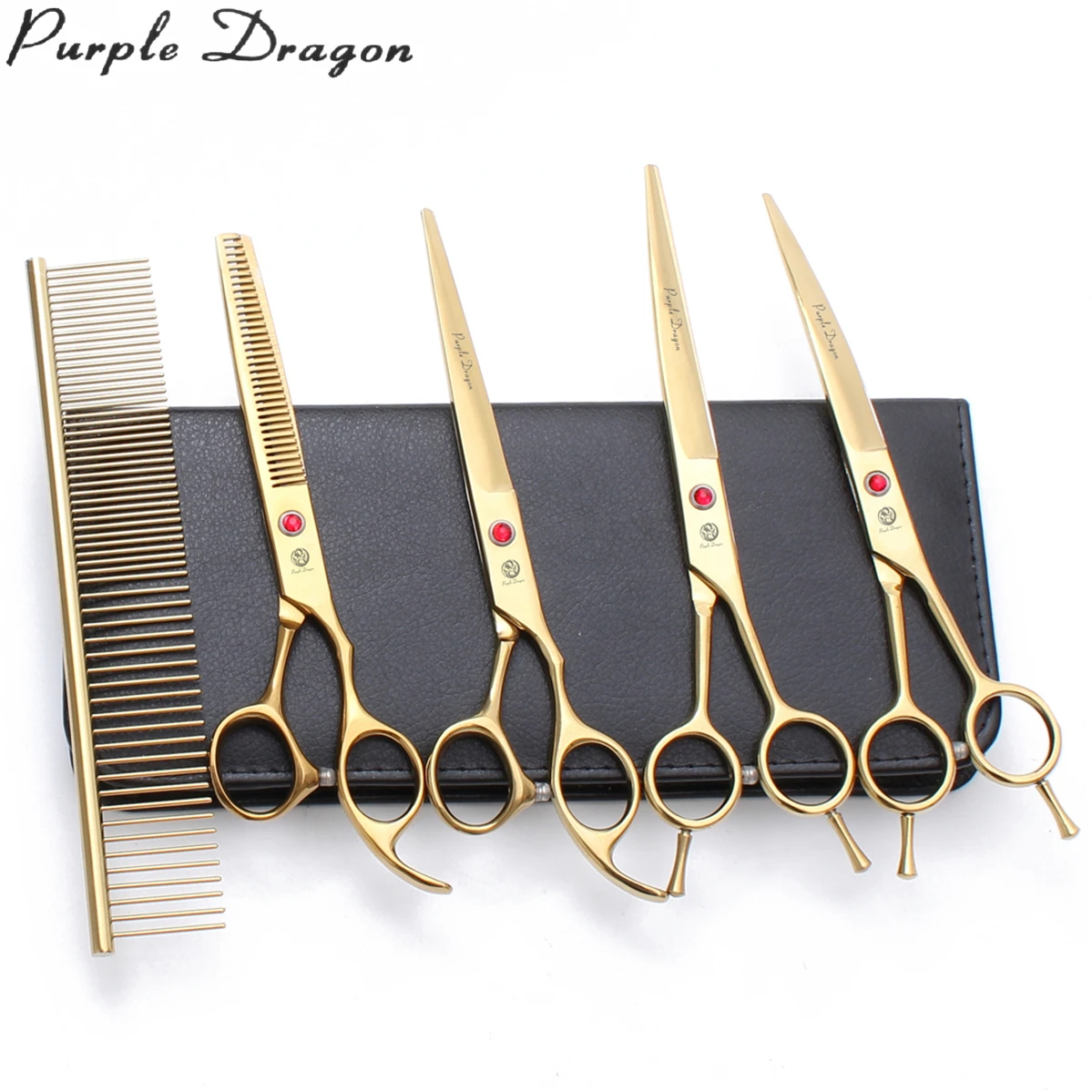 

Dog Grooming Scissors Set 7" Purple Dragon Brand Japan Steel Pet Straight Scissors Dog Thinning Shears Gold Grooming Comb Z3002, Red handle