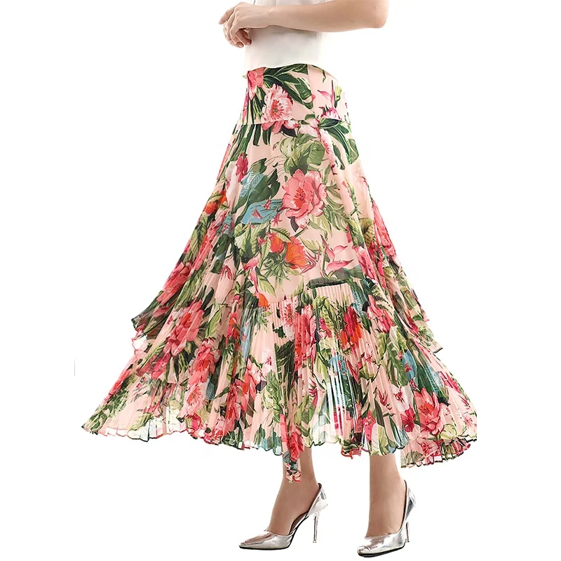 

S069-2 women 2021 skirt Summer High Quality Fashion Floral Elegant Asymmetrical Print Pleat Long Women Skirts