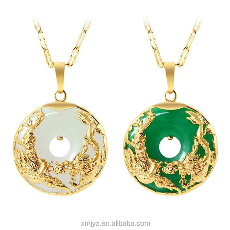 

Vietnam Placer Gold Simulation Golden Dragon And Phoenix Chalcedony Pendant Brass Gold-Plated Necklace Men And Women Pendant