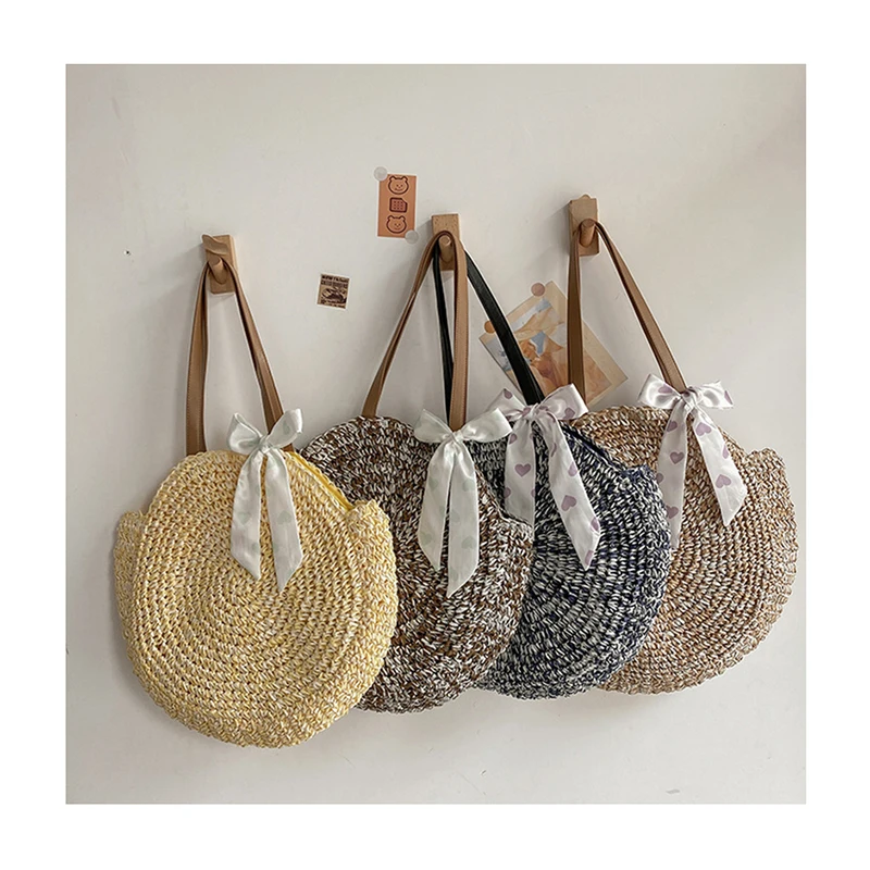 

Big Round Shape Hand-woven Women's Shoulder Handbags Bohemian 2021 Summer Straw Beach Tote Bag Ribbons Bow Shopper Weaving Bags