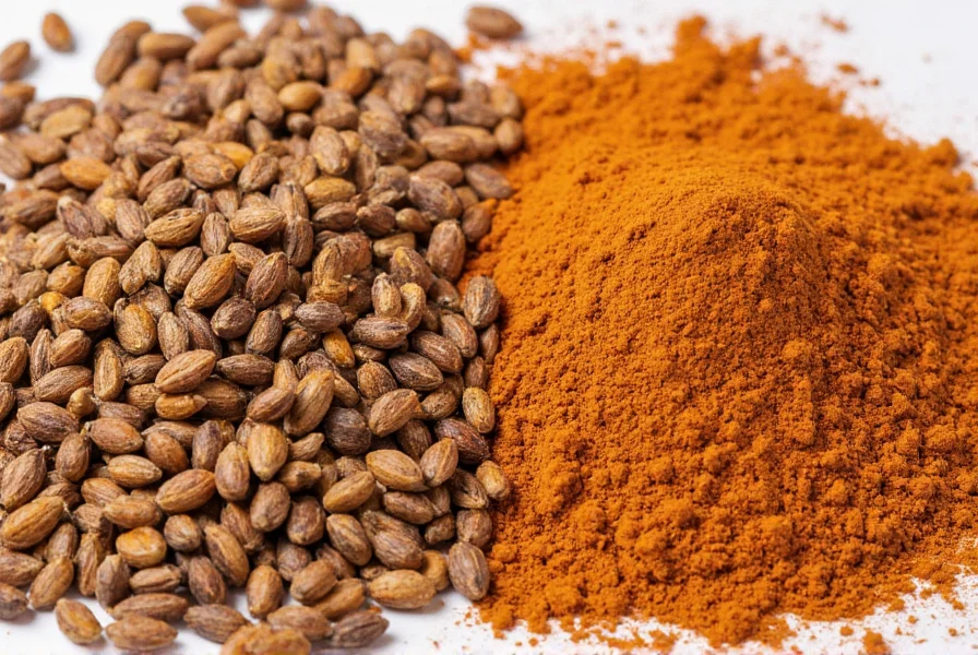 Close-up photography of toasted cumin seeds next to ground cumin powder showing color difference and texture