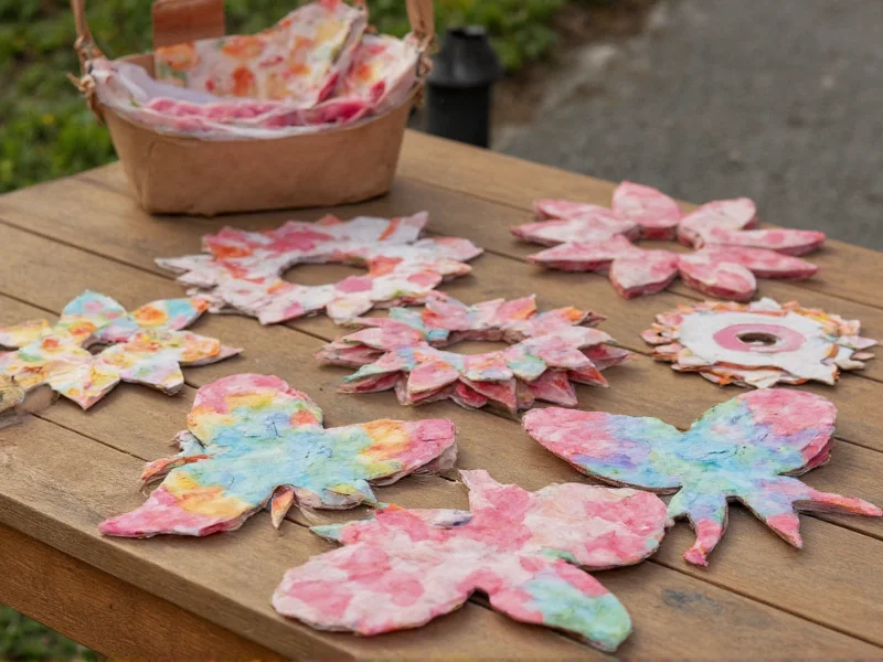 Recycled paper crafts displayed on wooden table