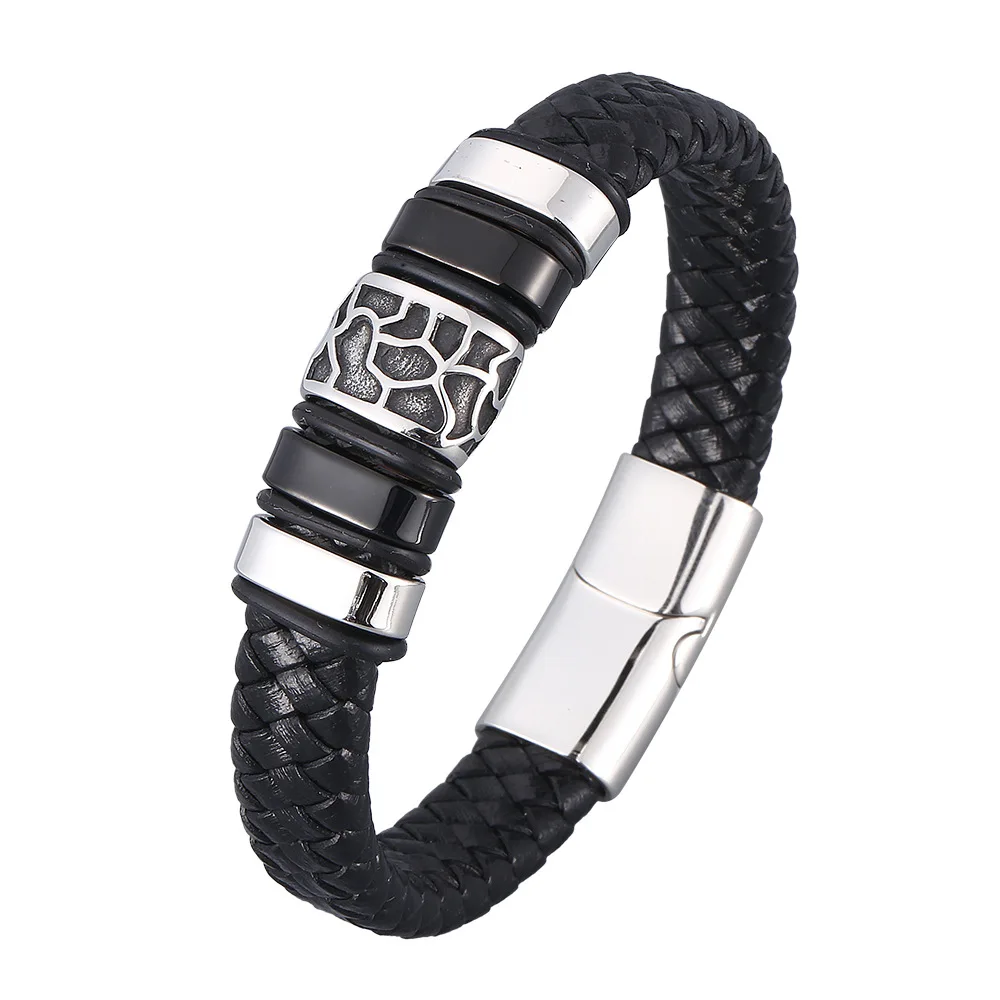 

High Quality Popular Stainless Steel Men Cuff Braided Real Leather Bracelet, Black leather, golden/silver/black accessories,customized color