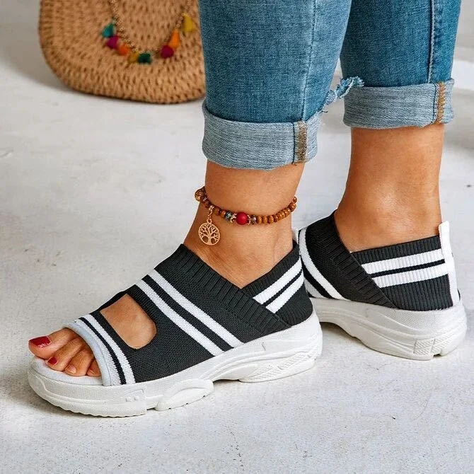 

2022 Women Sandals Shoes Striped Thick Bottom Sports Fish Mouth Sandals Casual Comfortable Ladies Plus Size Women Wedges Shoes, Black blue green grey yellow