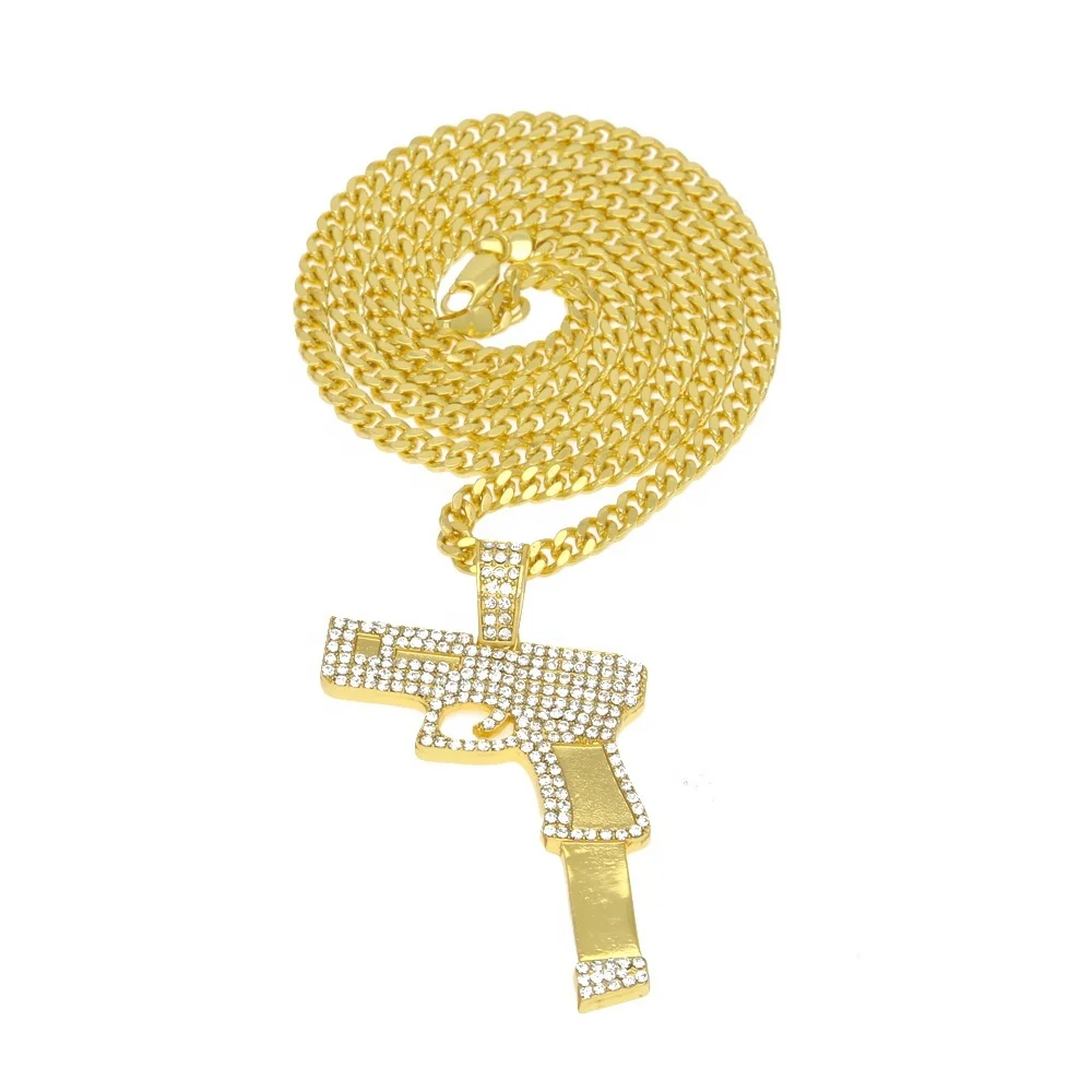 

Bling Bling Gold Silver Plated Hip Hop Pistol Pendant Necklace Cuban Link Chain Gun Necklaces Men Jewelry